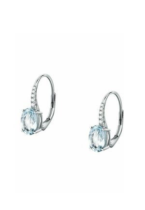 Silver hoop earrings featuring large oval blue gemstones and small clear crystals along the hoop. Polished finish with secure clasps.