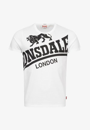 Biała koszulka z krótkim rękawem z czarną grafiką lwa i wyraźnym napisem "DONDALE" nad "LONDON" w zaokrąglonym kroju. Wykonana z bawełny, okrągły dekolt.