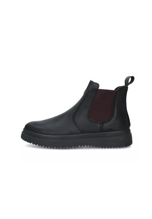 Stivaletti in pelle nera con pannelli laterali elasticizzati di colore rosso scuro, punta rotonda, suola texture e linguetta sul retro per una facile calzata.