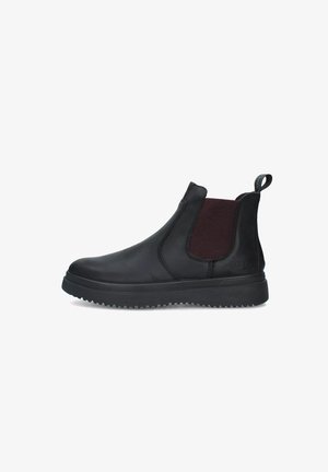 Stivaletti in pelle nera con pannelli laterali elasticizzati di colore rosso scuro, punta rotonda, suola texture e linguetta sul retro per una facile calzata.