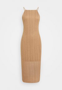 Hihaton beige neule midi-mekko ohuilla olkaimilla ja puoliksi läpikuultavalla alaosalla.