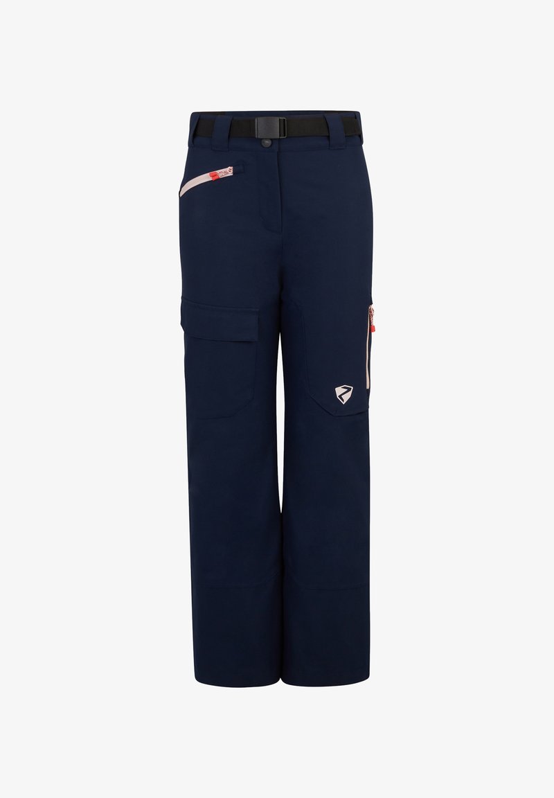 Pantalones de carga en color marino con diseño de pierna recta, que cuentan con múltiples bolsillos, incluido uno con cremallera, y un cinturón con una hebilla negra.