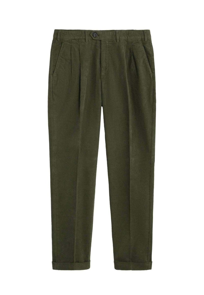 Pantalones verde caqui con un corte relajado, con pliegues, bolsillos laterales y puños enrollados. Fabricados con un tejido texturizado y un acabado suave.