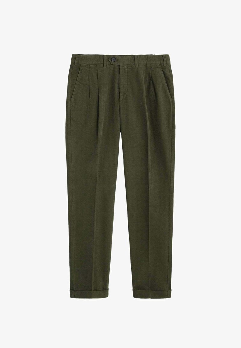 Pantalones verde caqui con un corte relajado, con pliegues, bolsillos laterales y puños enrollados. Fabricados con un tejido texturizado y un acabado suave.