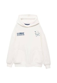 Felpa bianca con grande cappuccio, con una grafica blu di Sonic the Hedgehog e la scritta "SONIC THE HEDGEHOG". Include tasche frontali.