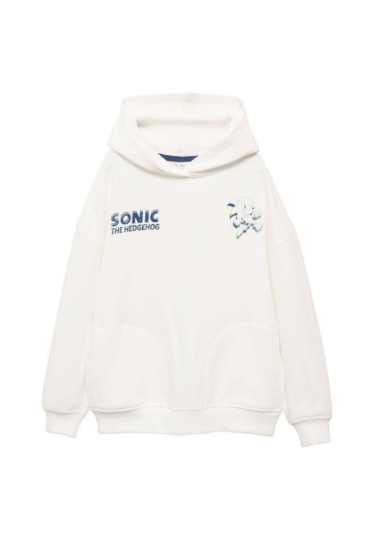 Felpa bianca con grande cappuccio, con una grafica blu di Sonic the Hedgehog e la scritta "SONIC THE HEDGEHOG". Include tasche frontali.