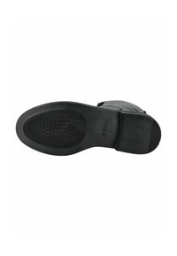 Black rubber sole with textured grip pattern; curved shape with a smooth finish; minimalistic design and branding detail on side.