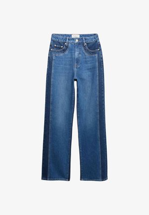 Jeans in denim blu a gamba dritta con pannelli laterali più scuri a contrasto, bottone metallico, cerniera frontale e design a cinque tasche.