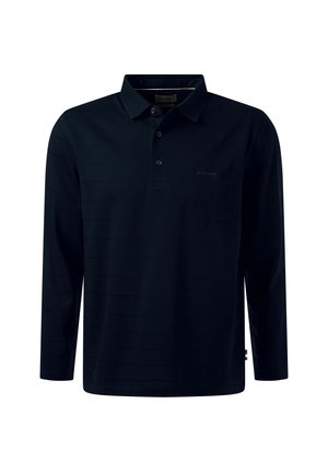 Polo noir à manches longues avec col, patte de boutonnage à trois boutons et poche poitrine sur fond blanc.
