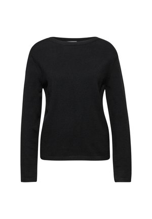 Maglione nero a maniche lunghe con scollo rotondo, caratterizzato da una semplice e liscia trama a maglia, presentato su uno sfondo bianco uniforme.