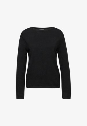 Mustat pitkät hiharat crewneck-neulepaita yksinkertaisella, sileällä neulemateriaalilla, esitettynä tasaisella valkoisella taustalla.