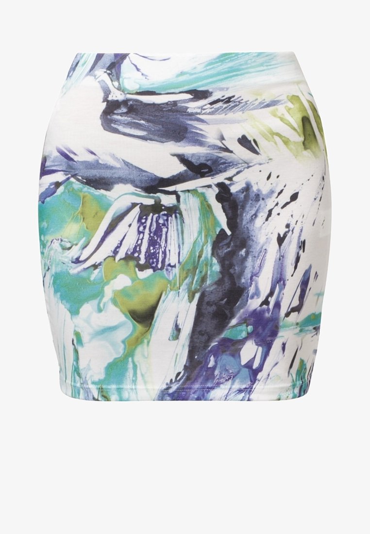 Jupe bodycon avec imprimé aquarelle abstrait en bleu, vert, violet et blanc.