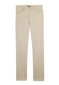 Beige katoenen broeken met een klassiek rechte pijp ontwerp, vijf zakken en metalen hardwareaccenten. Gladde textuur met minimale naden.