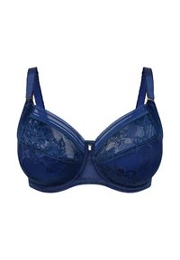 Navy blue bh met kant overlays, verstelbare banden, doorzichtig materiaal, een gladde textuur en een centrale haaksluiting.