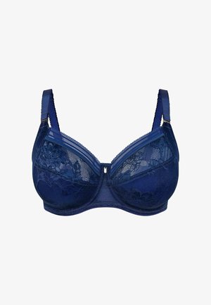 Navy blue bra featuring lace overlays, adjustable straps, sheer material, a smooth texture, and a central hook closure.
