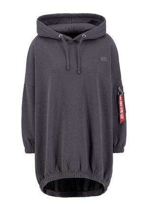 Grauer, übergroßer Kapuzenpullover mit Kordelzug, elastischem Saum und Bündchen. Er verfügt über eine Reißverschlusstasche am Ärmel und ein rotes Etikett.