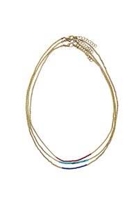 Naszyjnik warstwowy w odcieniu złota z trzema splotami. Posiada kolorowe koraliki w kolorze czerwonym, turkusowym i niebieskim. Teksturowany wzór łańcuszka metalowego.