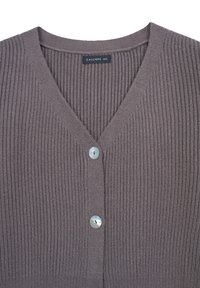 Cardigan ribbed color malva scuro con scollatura a V, dotato di tre bottoni circolari sul davanti e un'etichetta interna con la scritta "CALLIOPE."