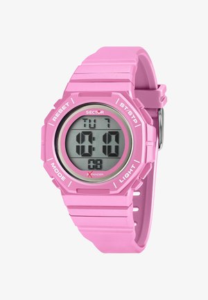 Orologio digitale da polso rosa con quadrante rotondo che mostra l'ora 10:10, con pulsanti etichettati Reset, Mode, St/Stop e Light sulla lunetta.