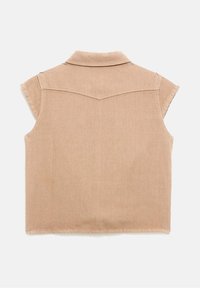 Beige värinen hihaton paita, puuvillamateriaalia, jäsennelty kaulus, selän ylaosa yksityiskohta, suora helma, minimaalinen ompelu, rento muotoilu.