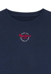 Sudadera de cuello redondo en azul marino, hecha de algodón, con un logo circular en rojo y blanco que dice "Pope Jeans London Portobello Road."