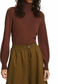 Pull à col roulé marron à manches longues, associé à une jupe marron à taille élastique avec cordon de serrage. Texture douce et lisse.