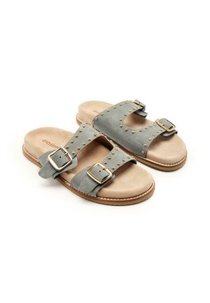 Sandali in suede grigio con due fasce larghe, dettagli in oro e fibbie regolabili. Soletta liscia beige e suola piatta con cuciture decorative.
