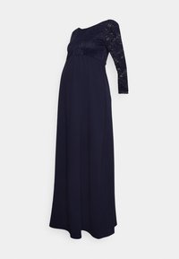 Vestido de maternidade em azul-marinho escuro, com um corpete de renda, design off-the-shoulder e mangas longas. Saia fluida em corte A. Textura suave.