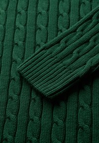 Zielony sweter z dzianiny z warkoczowym wzorem i prążkowanymi mankietami. Tekstura jest gruba i przytulna, podkreślająca ciepło i trwałość.
