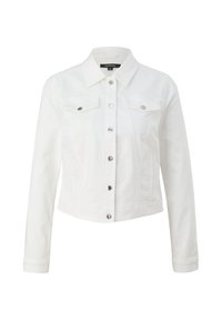 Veste en jean blanche courte avec manches longues, boutons argentés sur le devant, et deux poches poitrine à rabat avec fermeture par bouton.
