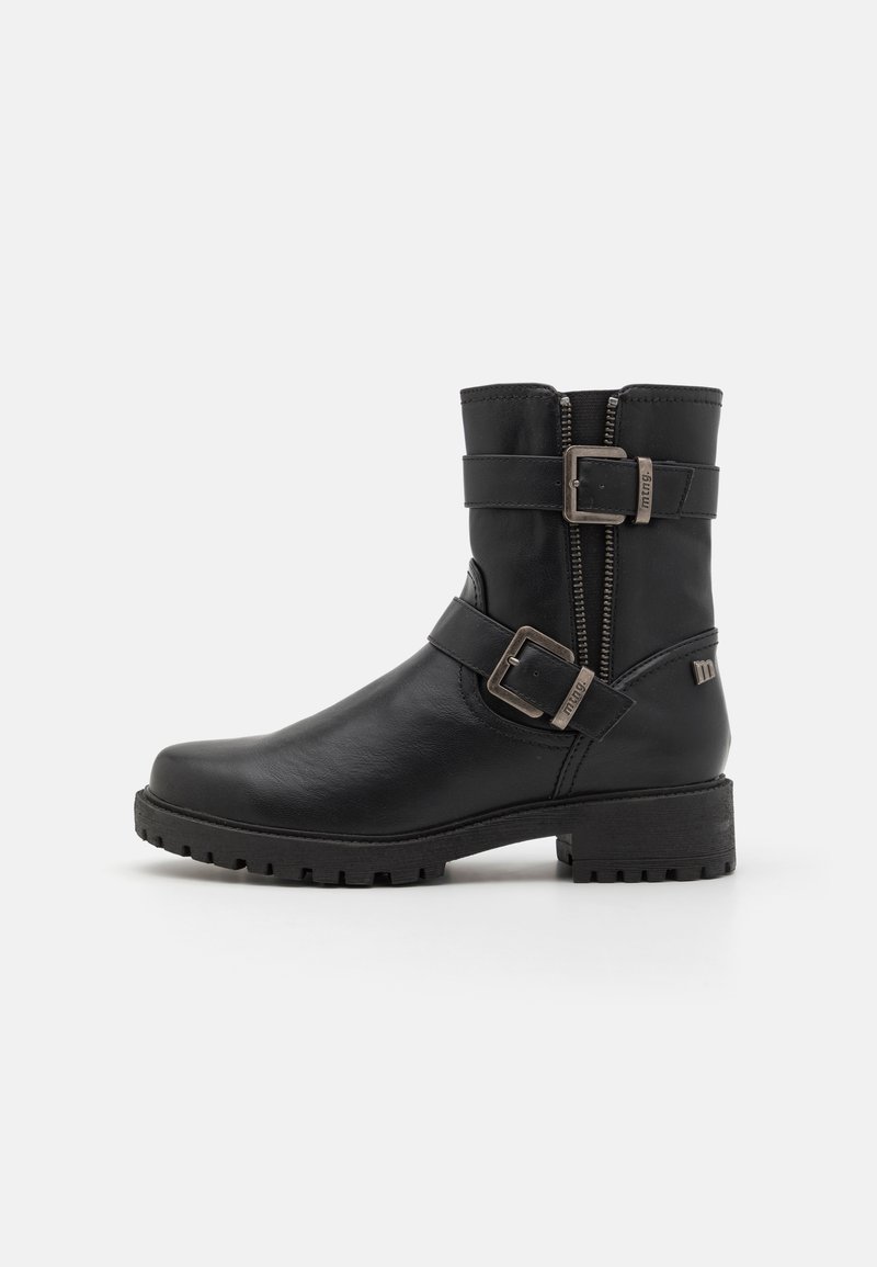 Black leather ankle boot with a round toe, featuring dual side zippers, two metal buckles, and a textured rubber sole.