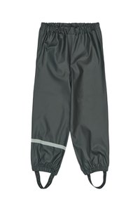 Pantalones impermeables grises con cinturilla elástica, franjas reflectantes, puños elásticos y correas ajustables en los tobillos. Acabado suave.