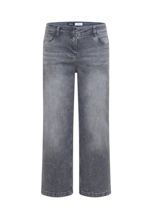 Grå vidde jeans i denim med knap- og lynlåslukning foran, fem lommer og diskrete falmede detaljer.