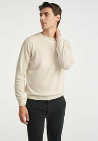 Jasno beżowy sweter z okrągłym dekoltem i długimi rękawami, wykonany z miękkiego materiału, zestawiony z czarnymi spodniami; minimalistyczny design z prążkowanymi mankietami.