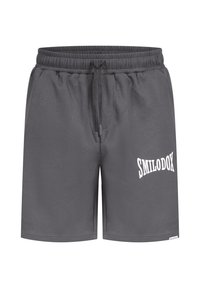 Pantalones cortos deportivos grises con una tela texturizada, cinturilla elástica, cordón de ajuste y un logo blanco "SMILODOX" en el lateral.