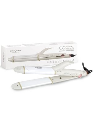Alisador de cabello profesional blanco y beige con panel de control digital y placas curvas, mostrado con su caja de embalaje de marca.