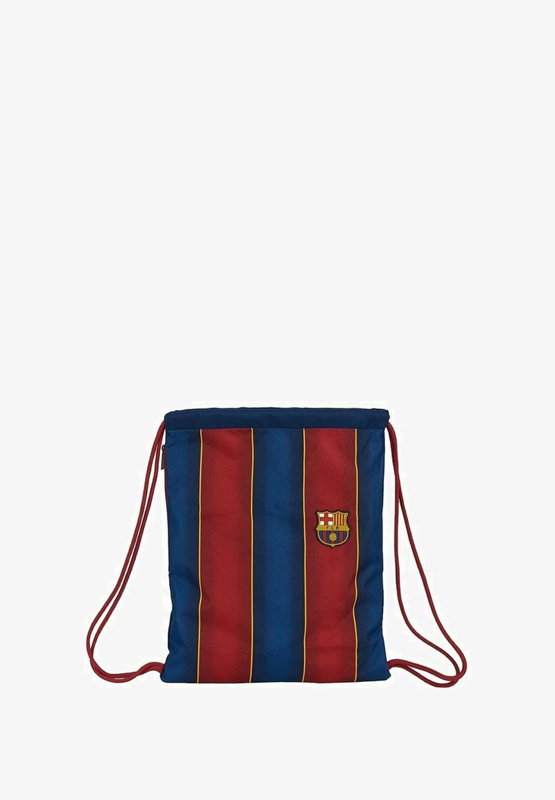 Sac à cordon, rayures bleues et rouges avec des accents jaunes, en matériau textile, arborant un emblème et des bretelles réglables.
