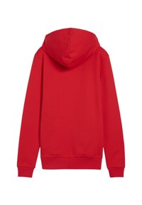 Sweat à capuche rouge avec une poche kangourou, des poignets et un ourlet côtelés, et une capuche à cordon de serrage. Fabriqué en coton doux. Design minimaliste.