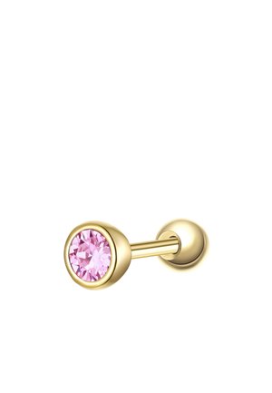 Orecchino a bottone in oro con una pietra preziosa rosa rotonda incastonata in una castone, mostrato con chiusura a vite.