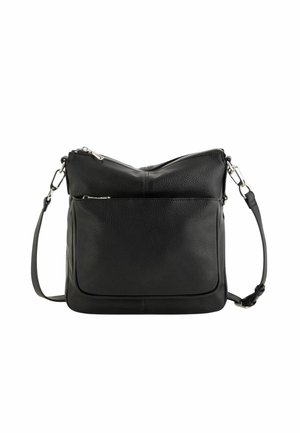Sac bandoulière en cuir noir avec sangle ajustable, poche zippée à l'avant et fermeture zippée supérieure, présenté sur un fond blanc.