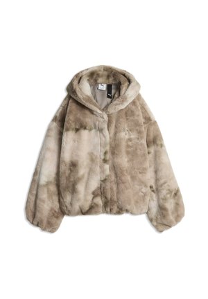Beige und hellbraune Kunstfell-Kapuzenjacke mit langen Ärmeln, einem Frontverschluss und einem kleinen Puma-Logoetikett im Krageninnenteil.