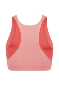 Sports bra in light pink with darker pink side panels. Features a scoop neckline, racerback design, and smooth fabric texture throughout.