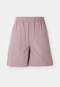 Short en tissu texturé lilas avec taille élastique, longueur genou et coupe ample, présenté sur fond blanc.