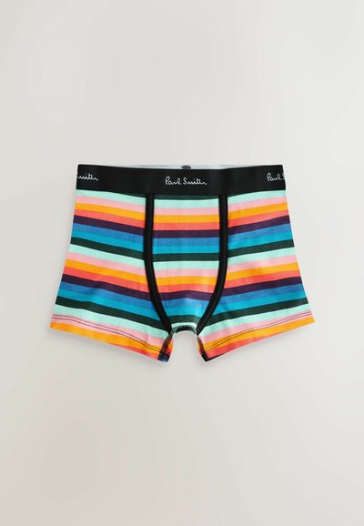 Boxers pour hommes à rayures horizontales multicolores en orange, bleu, rose et noir, avec une ceinture noire ornée d'un logo blanc.