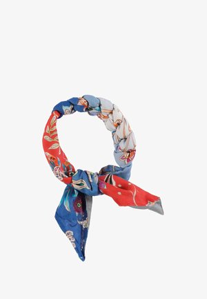 Spleciony szalik w kolorach niebieskim, czerwonym i pastelowych, zdobiony kwiatowymi i abstrakcyjnymi wzorami; lekki, jedwabisty w dotyku; z węzłami na końcach.