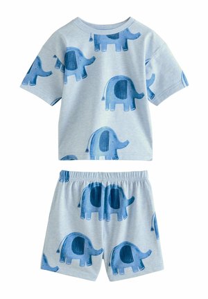 Cotton two-piece pajama set featuring a light blue background with various blue elephant prints. Short-sleeve top and elastic waistband shorts.