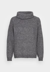 Grå stickad polotröja med långa ärmar och ribbade muddar, med ett strukturerat vävningsmönster och en avslappnad passform.