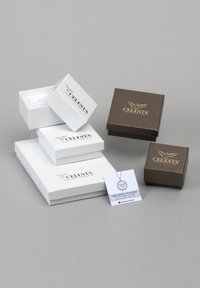 Tre scatole di gioielli bianche e una marrone, con il logo "Celesta". Un biglietto con una collana pende da una scatola bianca.