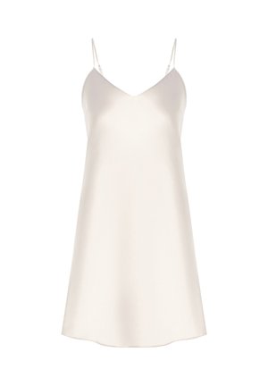 Satin slip dress in off-white, met dunne verstelbare bandjes, een V-halslijn en een A-lijn silhouet. Soepele textuur en minimaal ontwerp.