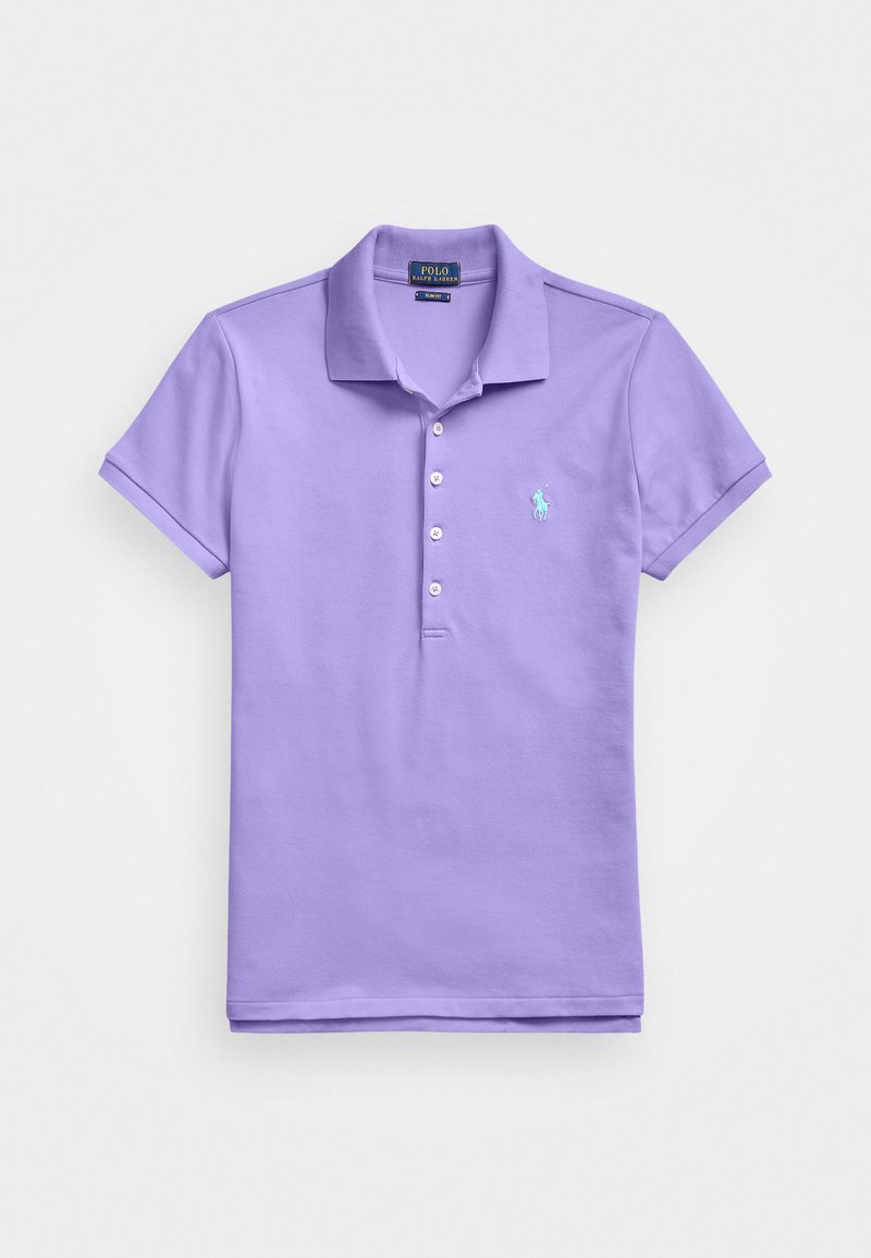 Lavender polo shirt made of cotton, featuring a two-button placket, ribbed collar, short sleeves, and an embroidered logo on the left chest.